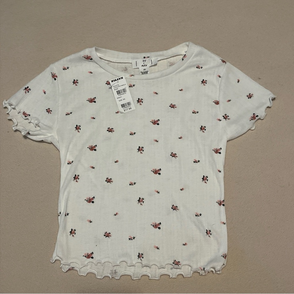 Ivy + Main Girls XS White Short Sleeve Ditsy Pointelle Rose Shirt Made In USA